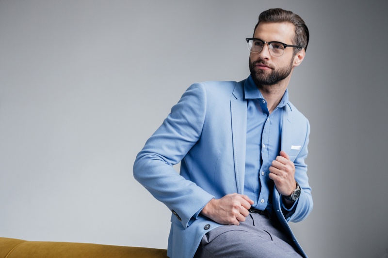 Stylish Male Model Blue Blazer Shirt Pants Glasses