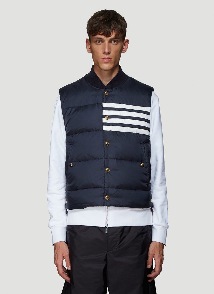 Thom Browne 4-Bar Striped Downfilled Vest in Navy size JPN – 3 | The ...