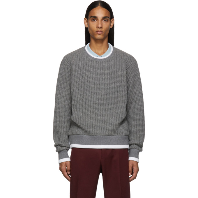 Thom Browne Grey Waffle Wool Relaxed Fit Crewneck Sweater | The Fashionisto