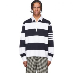 Thom Browne Navy and White 4-Bar Oversized Long Sleeve Polo Thom Browne Navy and White 4-Bar Oversized Long Sleeve Polo