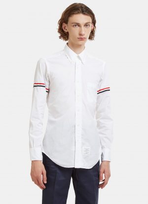 Thom Browne Striped Web Armband Creased Poplin Shirt in White size 1-JPN Thom Browne Striped Web Armband Creased Poplin Shirt in White size 1-JPN