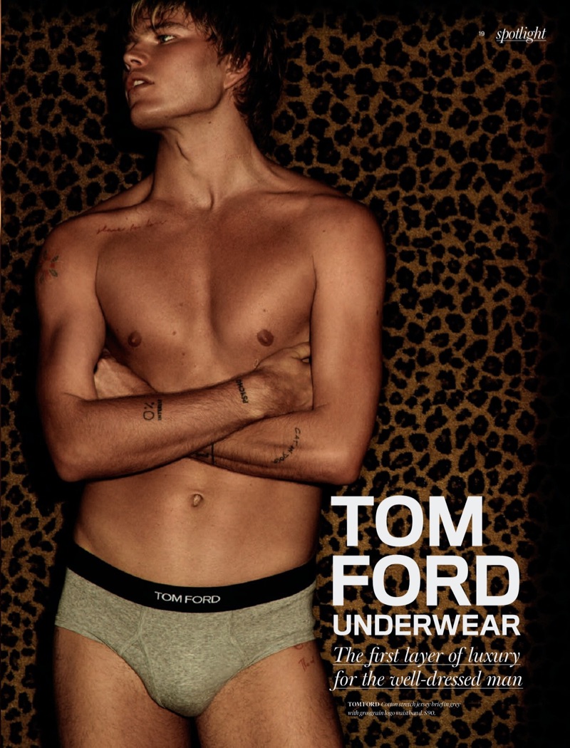 Shirtless Jordan Barrett wears grey Tom Ford underwear briefs for Holt Renfrew.