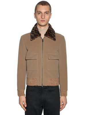 Wool Bomber Jacket W/logo Fur Collar Wool Bomber Jacket W/logo Fur Collar
