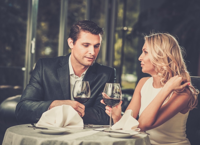 Attractive Couple Date Wine Man Suit