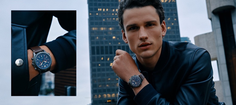 Top model Simon Nessman wears BOSS' Nomad watch.