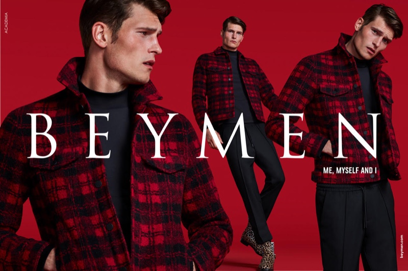 British model John Todd wears a red and black check jacket for Beymen's fall-winter 2019 campaign.