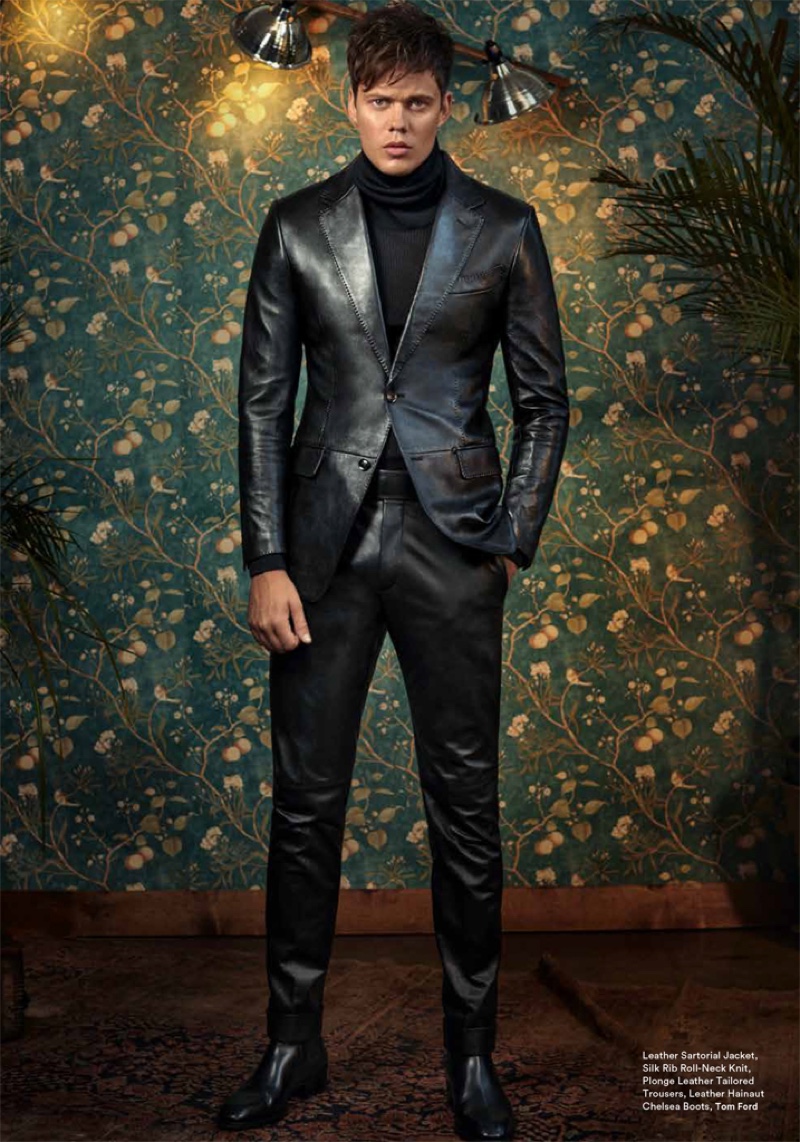 Front and center, Bill Skarsgård wears a leather look from Tom Ford. » Bill Skarsgård Dons Bold Sartorial Fashions for Icon Australia Front and center, Bill Skarsgård wears a leather look from Tom Ford.