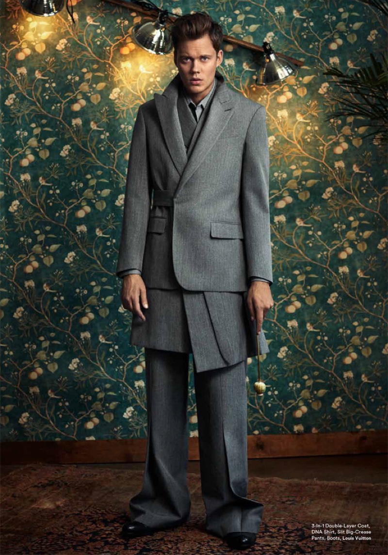A sartorial vision in gray, Bill Skarsgård dons a modern suiting look from Louis Vuitton. » Bill Skarsgård Dons Bold Sartorial Fashions for Icon Australia A sartorial vision in gray, Bill Skarsgård dons a modern suiting look from Louis Vuitton.