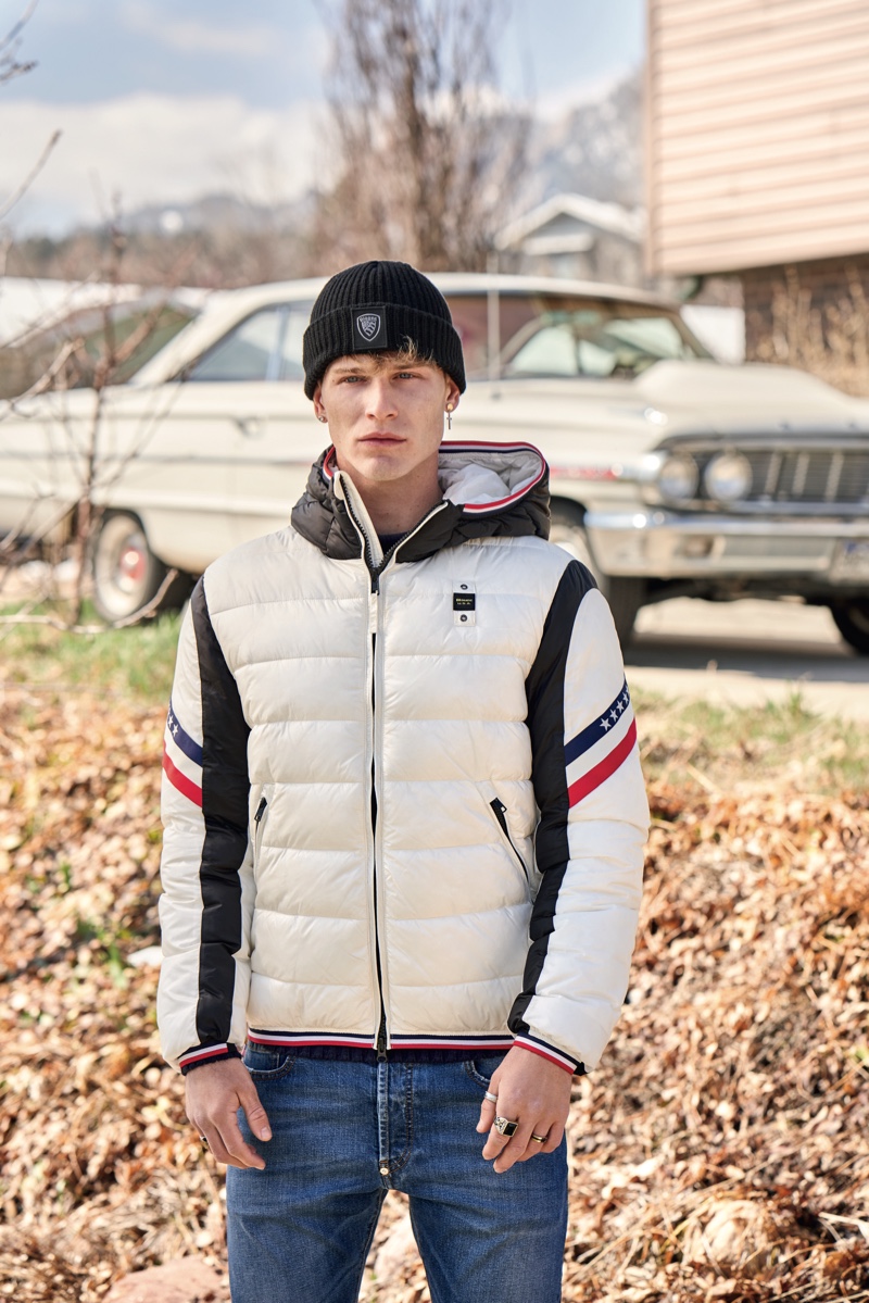 Blauer USA takes to Boulder, Colorado to present its latest installment of 'American Portraits.' A stylish youth sports the label's bicolor Gill nylon down jacket.