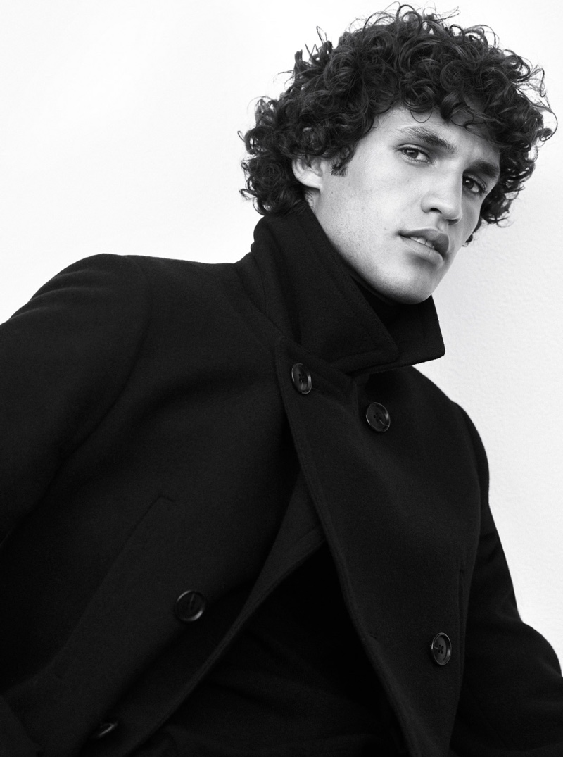 Francisco Henriques wears a navy wool-blend peacoat $398 by Club Monaco.