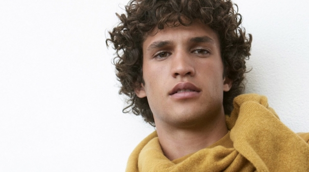 Francisco Henriques Models New Arrivals by Club Monaco A chic vision, Francisco Henriques dons a gold long-sleeve mockneck tee $79.50 from Club Monaco.
