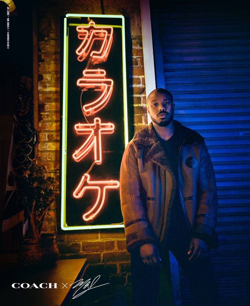 Michael B. Jordan sports a shearling jacket from his Coach capsule collection.