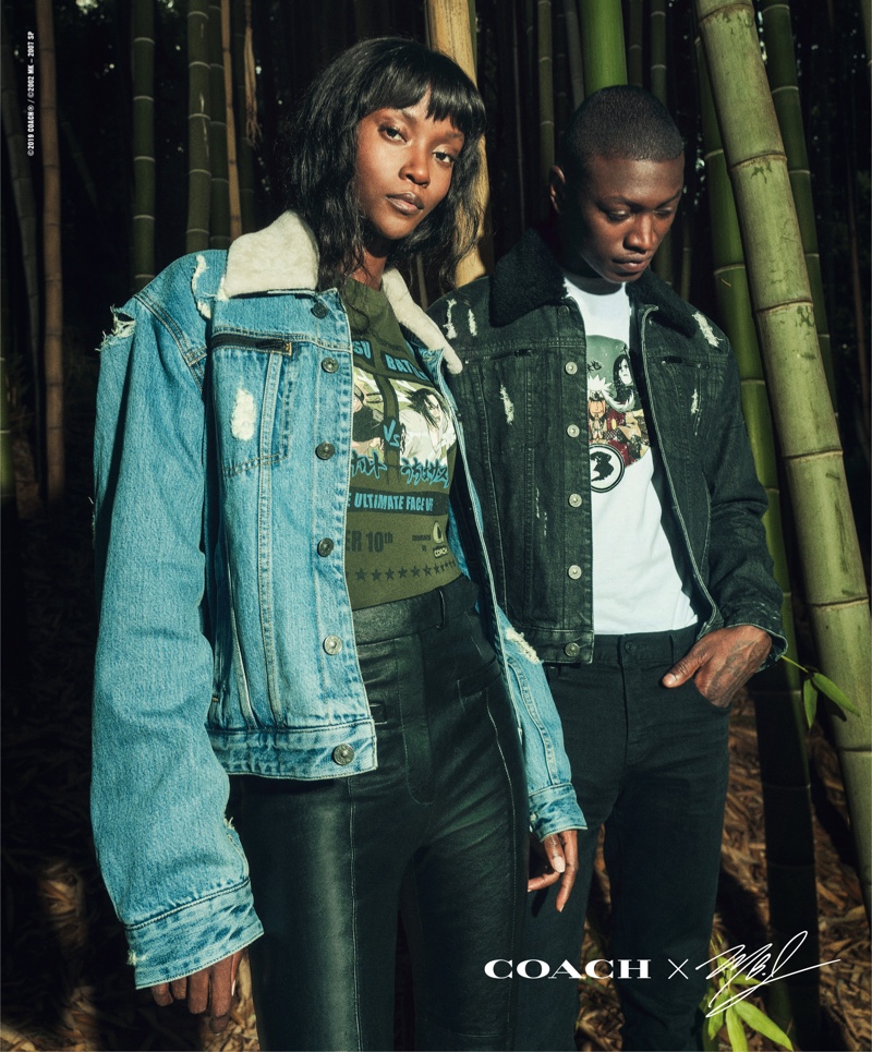 Models Riley Montana and Dominique Hollington wear Naruto-inspired fashions from Michael B. Jordan's Coach capsule collection.