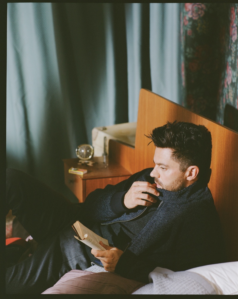 Actor Dominic Cooper sports a Zamone for Slowear jacket with a Sunspel sweater and A.P.C. pants.