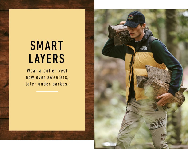 Embracing workwear-inspired style, Rocky Harwood wears a POLO Ralph Lauren sweater, cap, and khaki pants with a vest by The North Face.