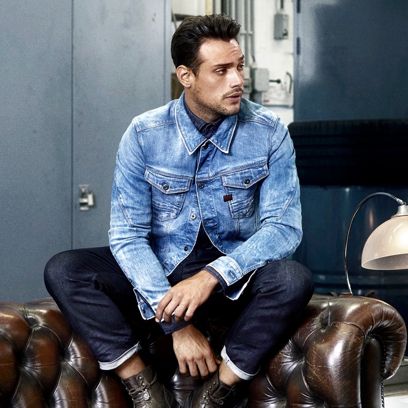 Sporting a denim jacket, Richard Deiss stars in the G-Star Raw Tomorrow's Classics campaign.