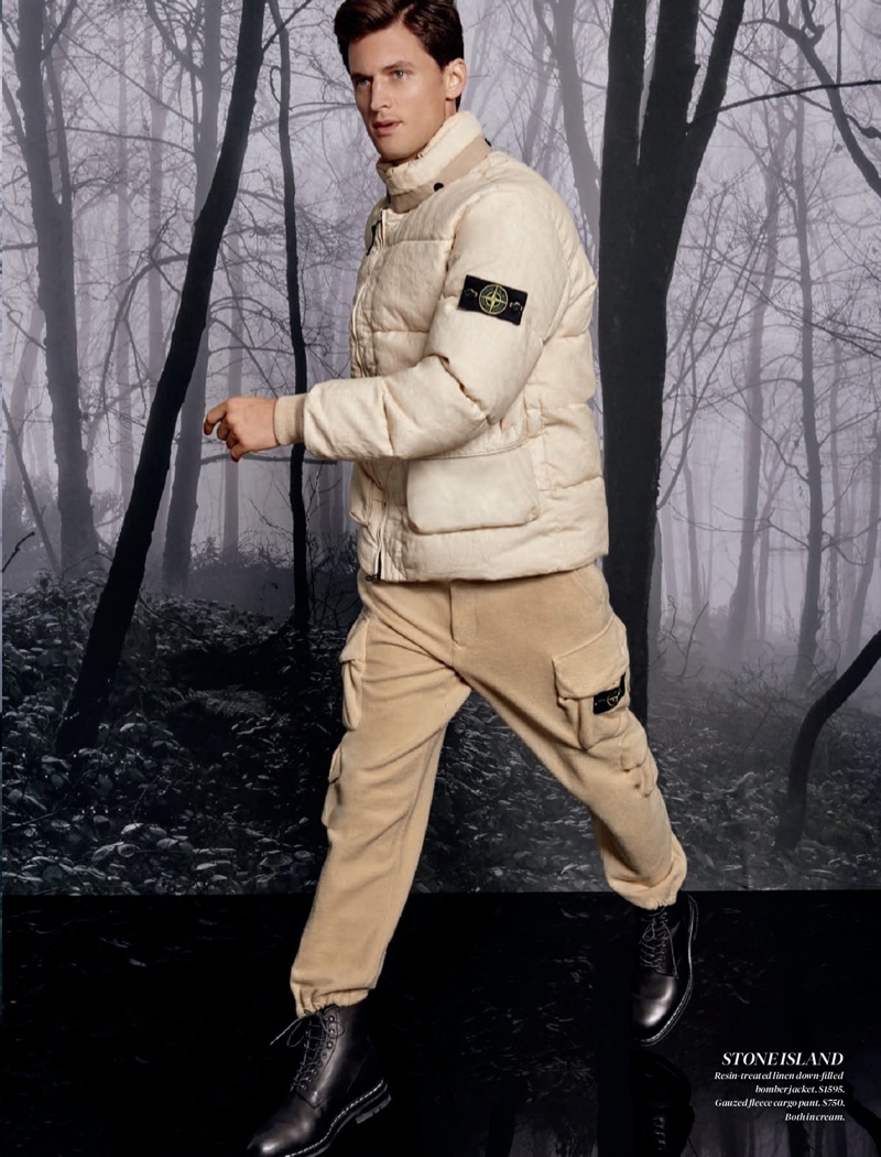 Making a case for neutrals, Garrett Neff dons a look by Stone Island.