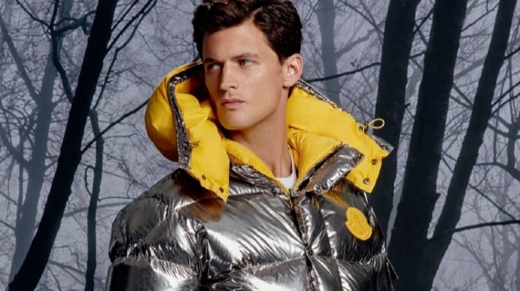 Model Garrett Neff makes a splashy statement in Moncler.