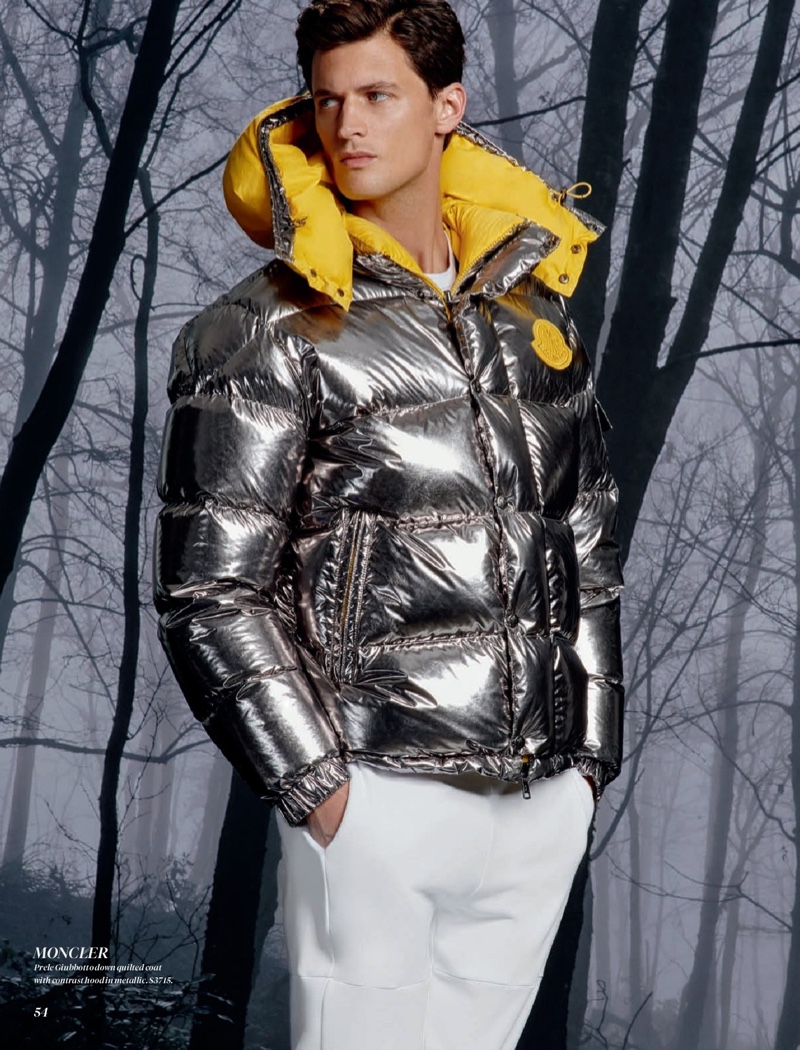 Model Garrett Neff makes a splashy statement in Moncler.