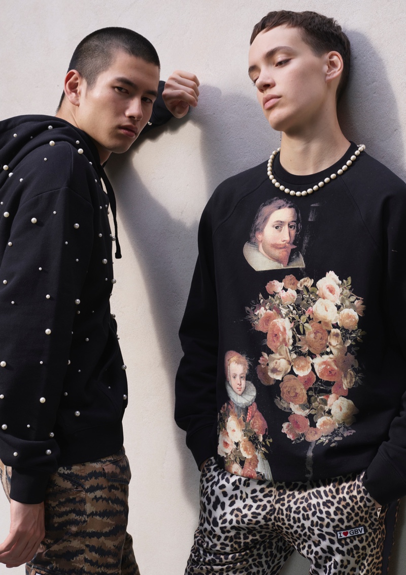 Kohei Takabatake and Oslo Grace embrace streetwear-influenced looks from the Giambattista Valli x H&M collection.