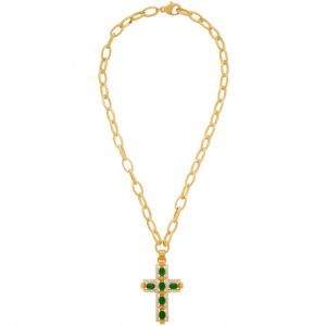 Gucci Gold and Green Cabochan Stone Cross Necklace Gucci Gold and Green Cabochan Stone Cross Necklace