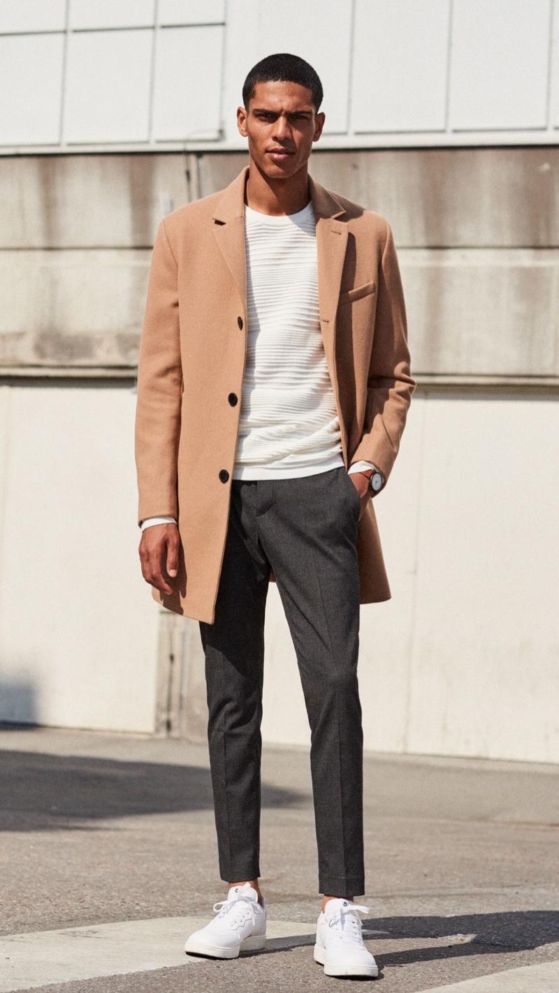 H&M Camel Coat Pleated Trousers White Sneakers Men's Outfit