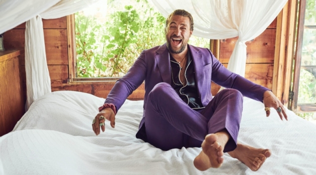 Jason Momoa Covers Esquire, Talks Apple TV+ Series 'See' All smiles, Jason Momoa wears a shirt and purple suit by Gucci. His accessories put the spotlight on Rainbow Gems, Red Rabbit Trading Co., Book of Alchemy, and Leroy's Wooden Tattoos.