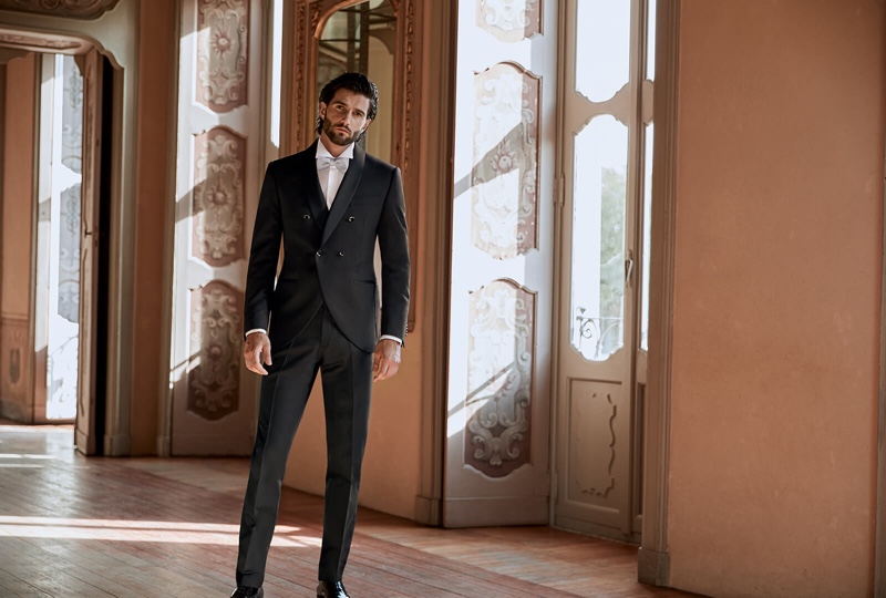 An elegant vision, Andrea Melchiorre wears a Lubiam 1911 Cerimonia tuxedo.