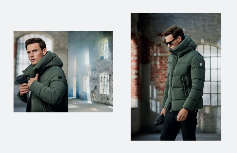 British model Guy Robinson sports a green puffer jacket from Lufian's fall-winter 2019 collection.