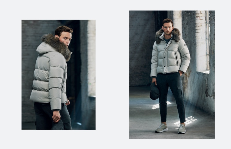 Going casual, Guy Robinson models a grey Lufian puffer jacket with cargo pants.