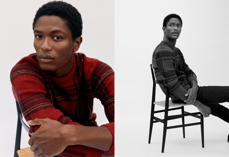 Ready for the holidays, Hamid Onifade wears Mango's red tartan sweater.