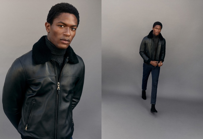 Model Hamid Onifade dons a faux nappa leather jacket from Mango.