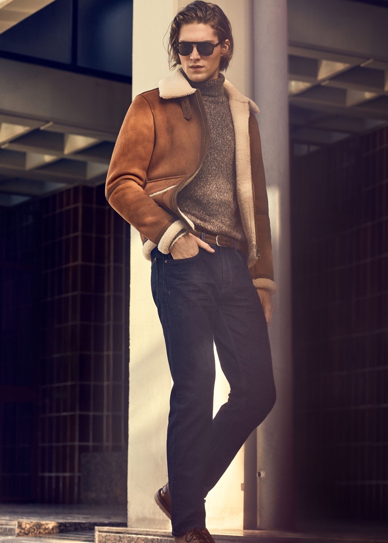 Making a case for suede, Boyd Gates models a brown jacket from Mango.