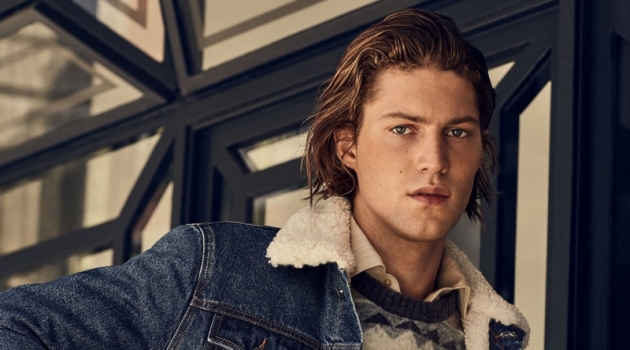 Boyd Gates Goes Retro in Fall '70s Style for Mango Boyd Gates sports a fairisle sweater with a denim trucker jacket from Mango.
