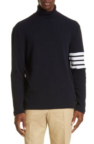 Men's Thom Browne 4-Bar Waffle Knit Turtleneck Top, Size 2 - Blue Men's Thom Browne 4-Bar Waffle Knit Turtleneck Top, Size 2 - Blue