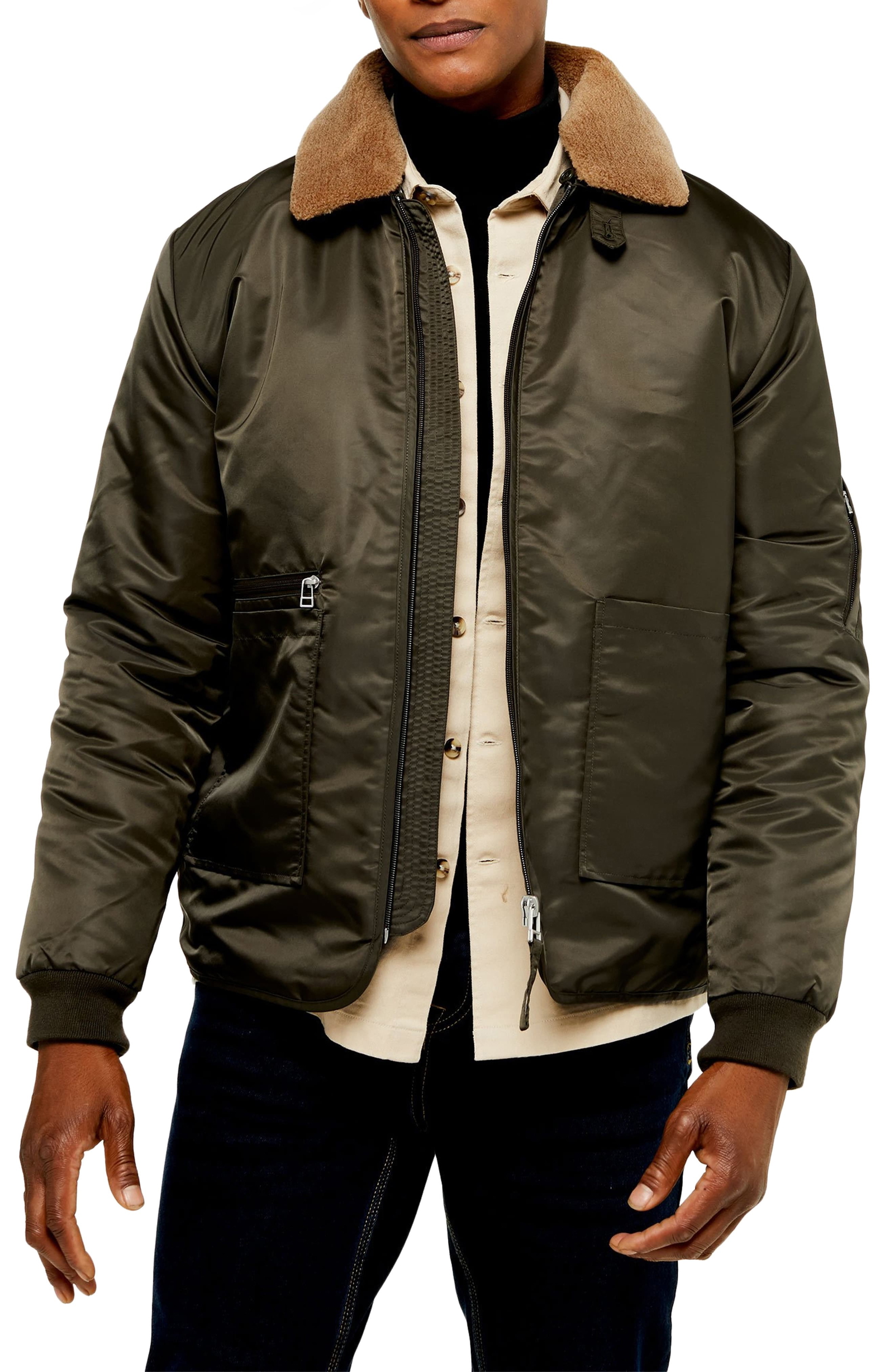 Men’s Topman Faux Fur Borg Collar Nylon Jacket, Size Large – Green ...