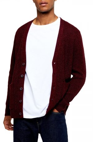 Men's Topman Rack Textured Cardigan Sweater, Size Large - Burgundy Men's Topman Rack Textured Cardigan Sweater, Size Large - Burgundy