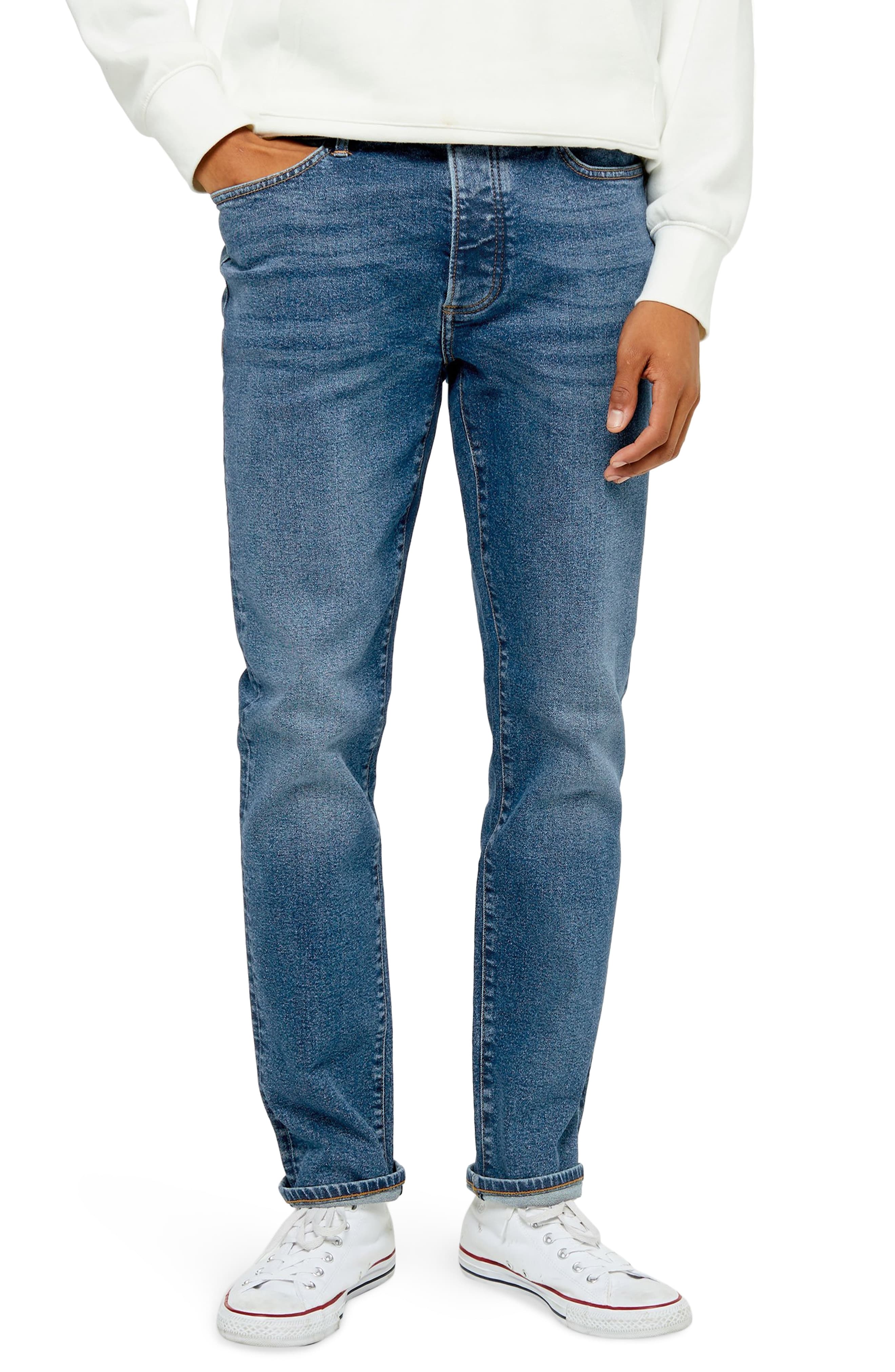 Men’s Topman Slim Fit Mid Wash Jeans, Size 30 x 32 – Blue | The Fashionisto