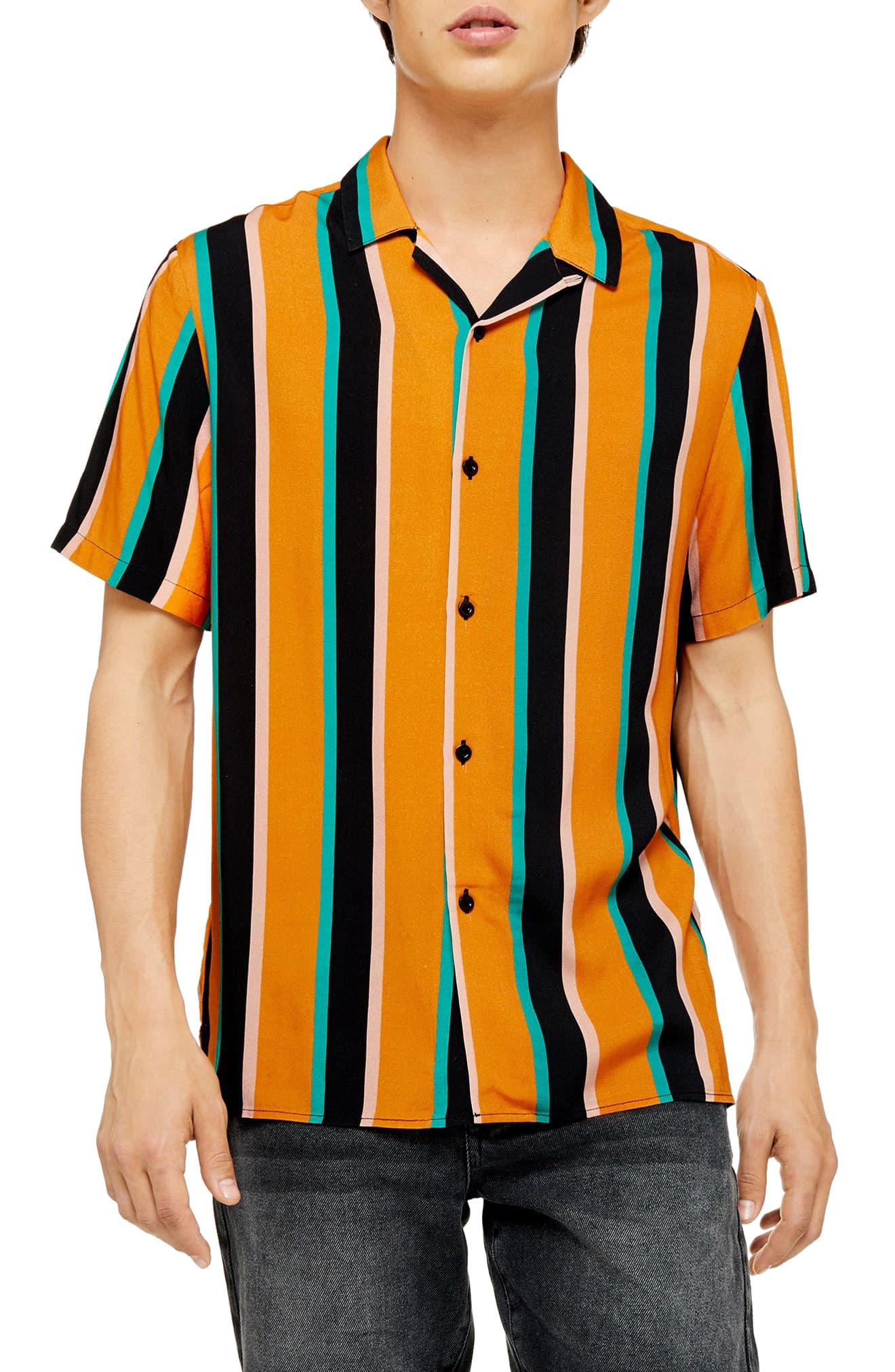 Men’s Topman Slim Fit Stripe Short Sleeve Button-Up Camp Shirt, Size ...