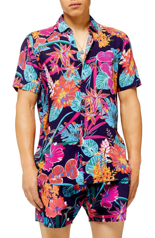 Men’s Topman Tropical Slim Fit Short Sleeve Button-Up Shirt, Size Small ...