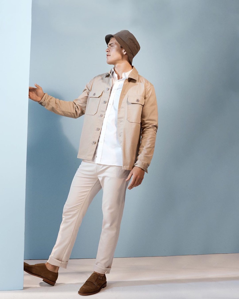 Linking up with Banana Republic, Mitchell Slaggert wears smart separates.