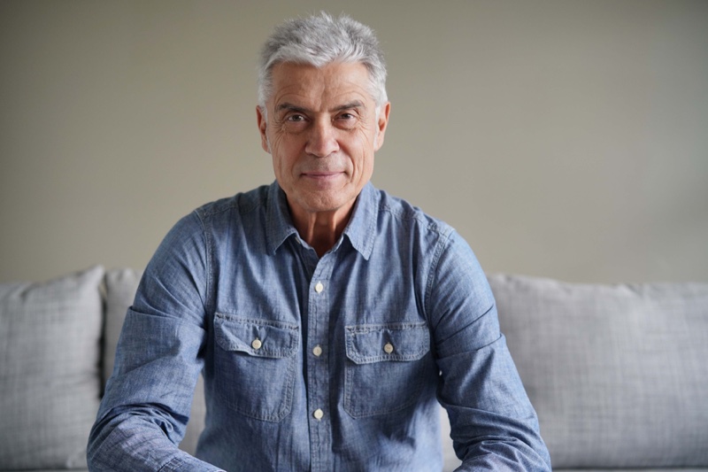 Older Man Grey Hair Denim Shirt