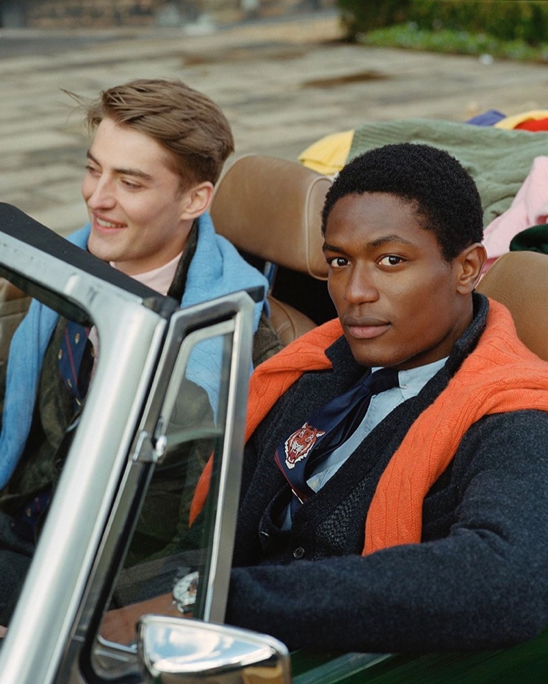 Cruising in a vintage car, Angus Eaton and Hamid Onifade wear POLO Ralph Lauren. » Hamid, Angus & Jegor Travel to Scotland in POLO Ralph Lauren Fall '19 Collection Cruising in a vintage car, Angus Eaton and Hamid Onifade wear POLO Ralph Lauren.