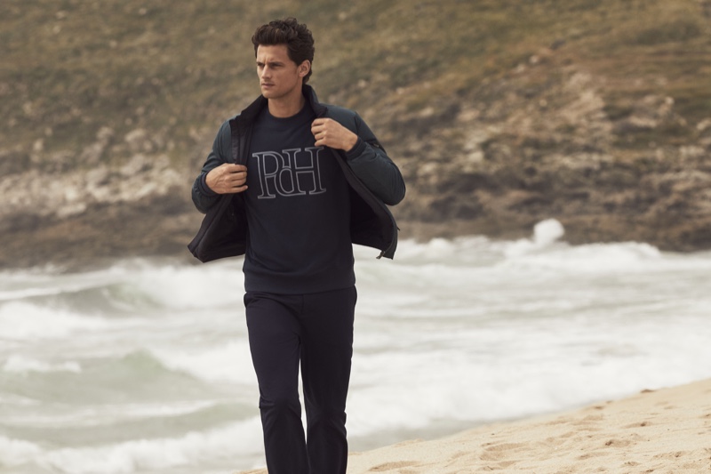 Taking to the beach, Garrett Neff appears in Pedro del Hierro's winter 2019 campaign.
