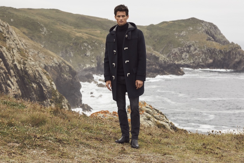 Front and center, Garrett Neff dons a duffle coat for Pedro del Hierro's winter 2019 campaign.