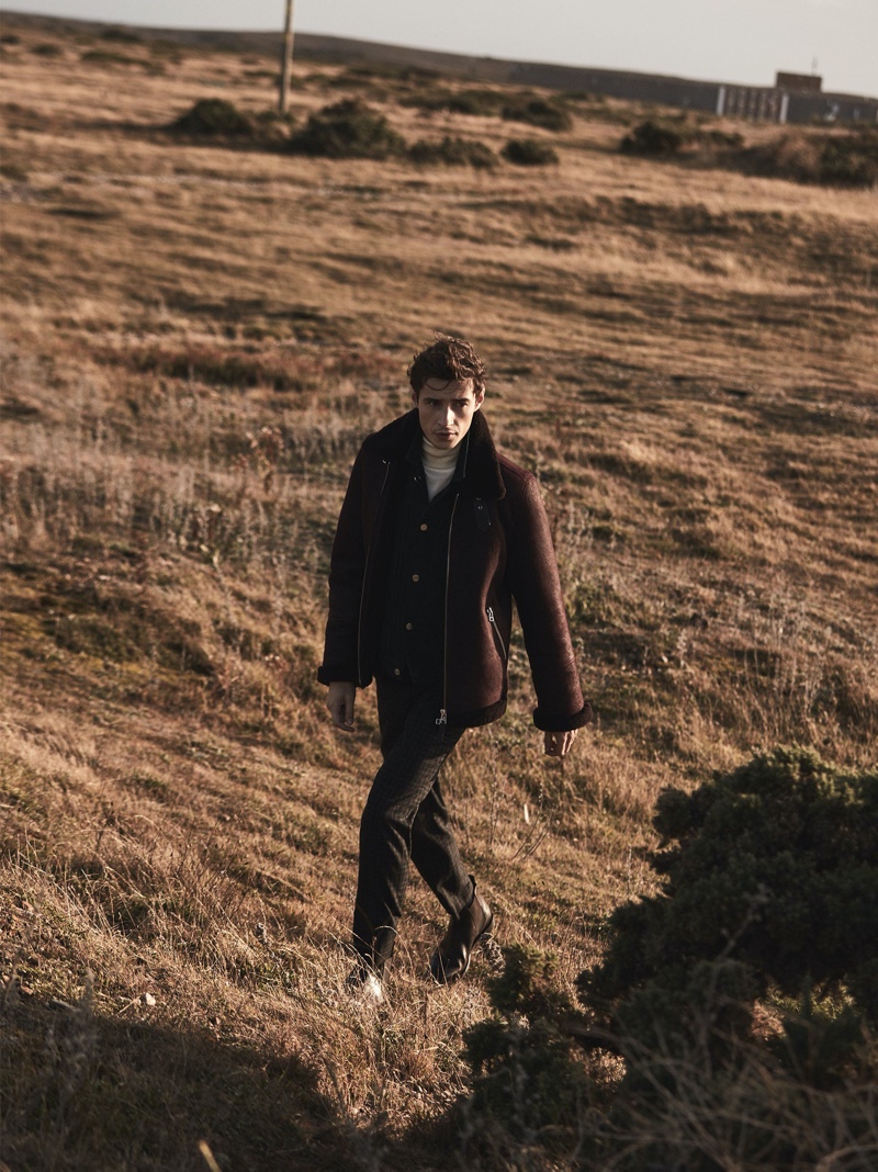 Stepping out, Adrien Sahores dons Reiss' Rogan coat in brown.