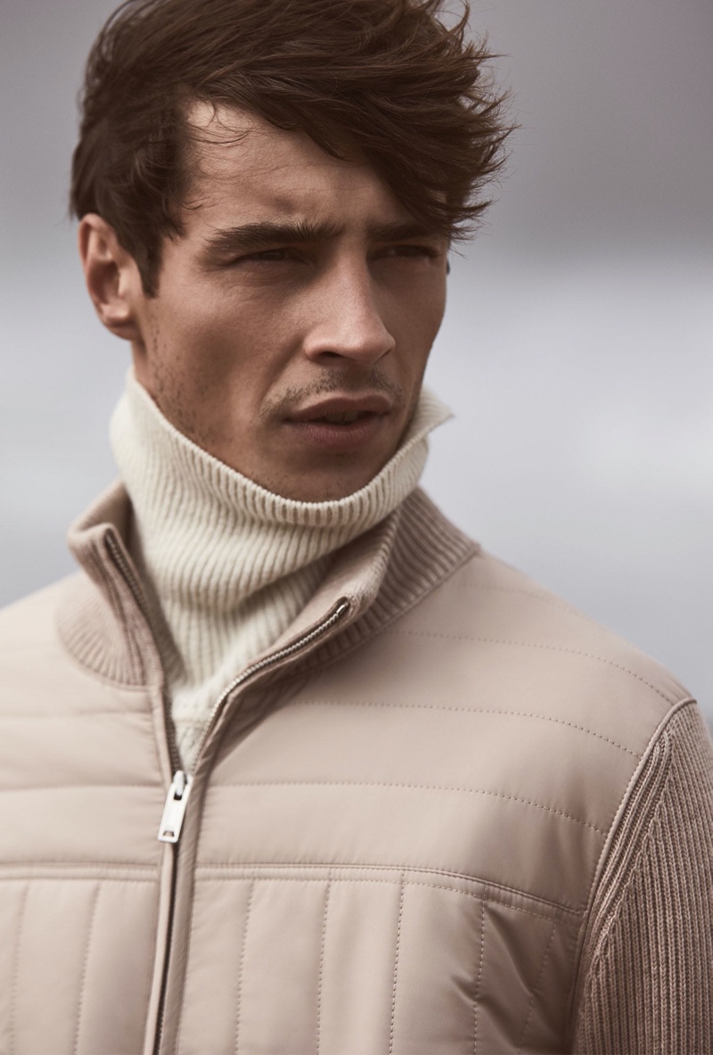 Connecting with Reiss, Adrien Sahores wears the brand's Quentin quilted zip through jacket $285 in oatmeal.