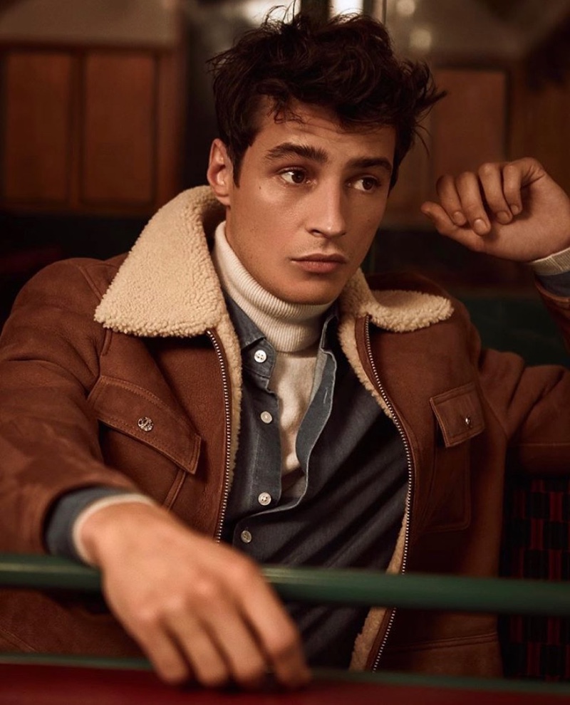 Sporting a shearling jacket, Adrien Sahores appears in Reiss' fall-winter 2019 campaign.