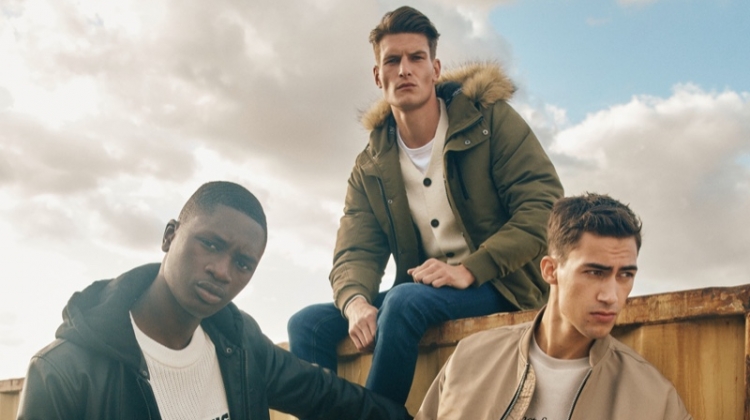 Models Junior Choi, John Todd, and Alessio Pozzi wear fall-winter 2019 outerwear from River Island.