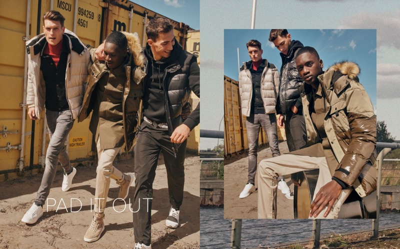 Puffer and padded jackets are front and center as John Todd, Junior Choi, and Alessio Pozzi wear River Island.